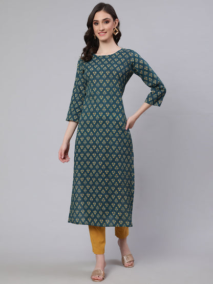 Women Teal Blue Printed Straight Kurta With Three Quarter Sleeves | LASVINI - Redefining Indian Fashion with Elegance