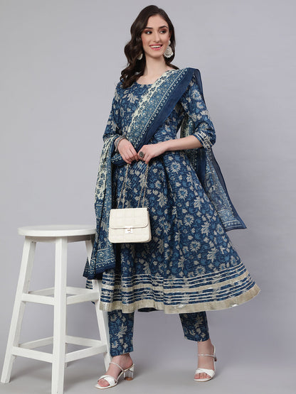 Women Blue Ethnic Printed Anarkali Kurta With Trouser And Dupatta | LASVINI - Redefining Indian Fashion with Elegance