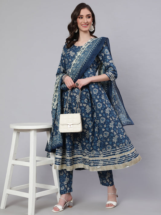 Women Blue Ethnic Printed Anarkali Kurta With Trouser And Dupatta | LASVINI - Redefining Indian Fashion with Elegance