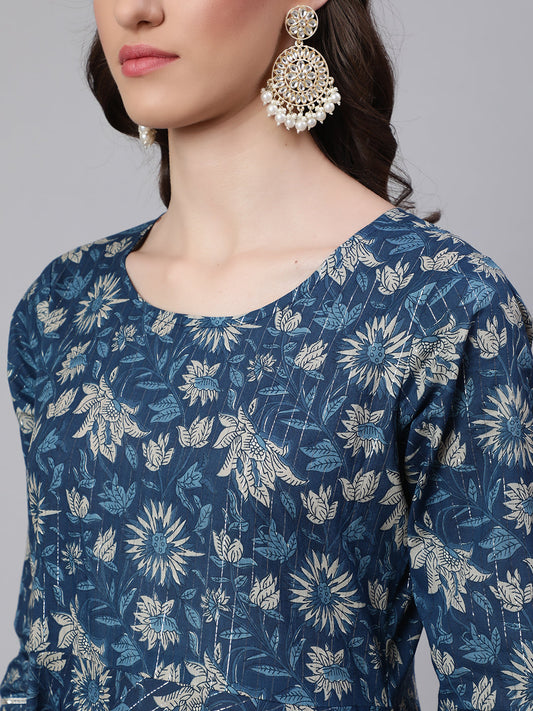 Women Blue Ethnic Printed Anarkali Kurta With Trouser And Dupatta | LASVINI - Redefining Indian Fashion with Elegance