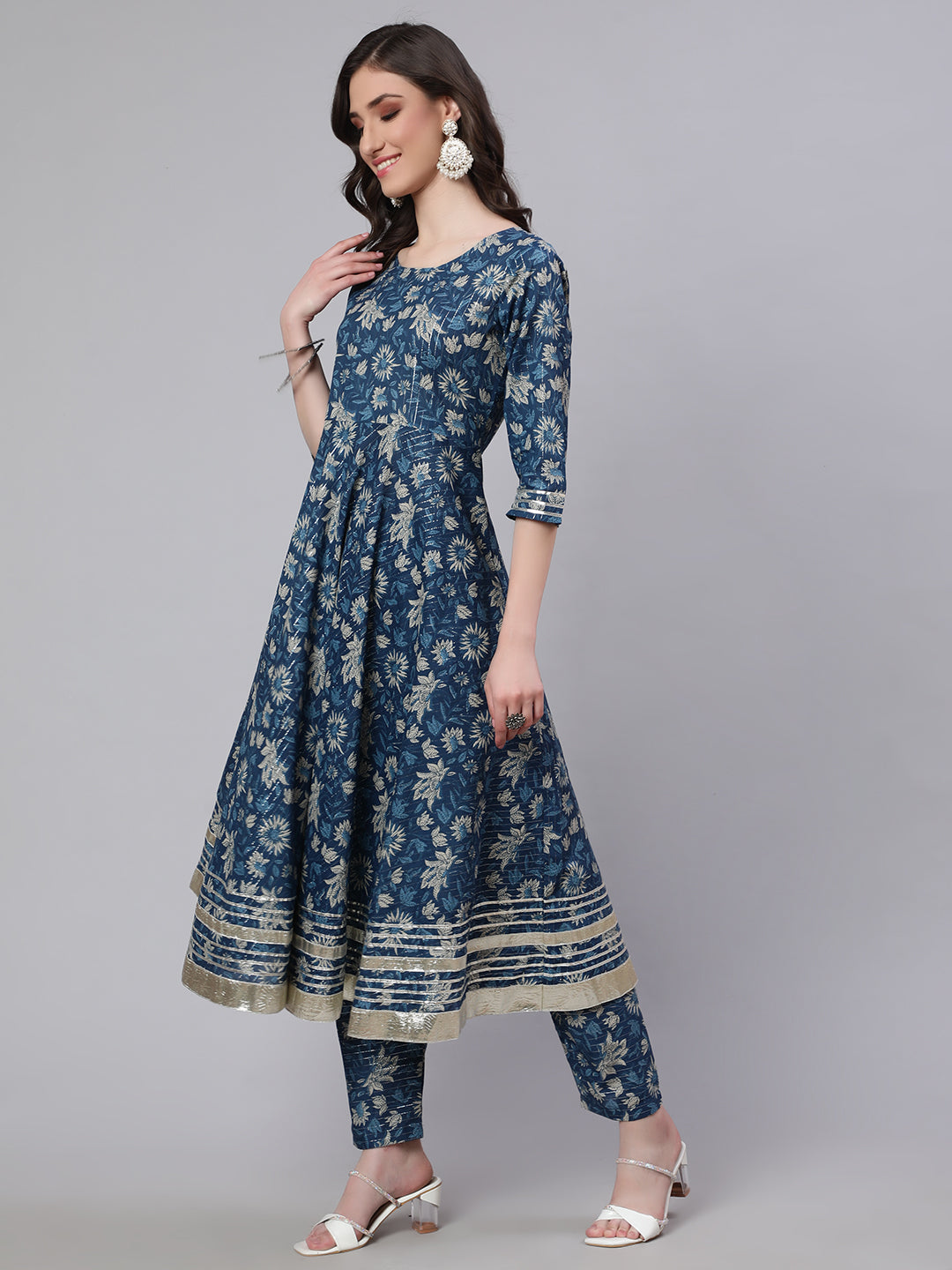 Women Blue Ethnic Printed Anarkali Kurta With Trouser And Dupatta | LASVINI - Redefining Indian Fashion with Elegance