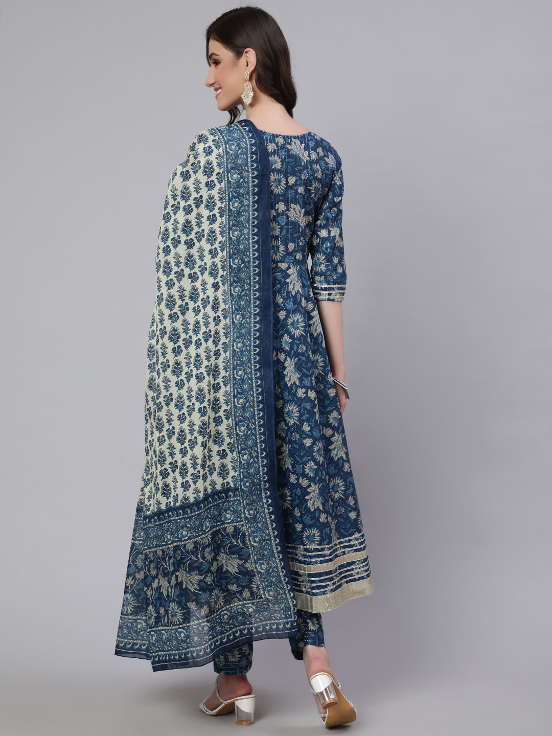 Women Blue Ethnic Printed Anarkali Kurta With Trouser And Dupatta | LASVINI - Redefining Indian Fashion with Elegance