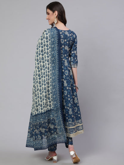 Women Blue Ethnic Printed Anarkali Kurta With Trouser And Dupatta | LASVINI - Redefining Indian Fashion with Elegance
