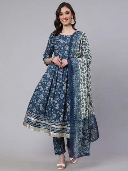 Women Blue Ethnic Printed Anarkali Kurta With Trouser And Dupatta | LASVINI - Redefining Indian Fashion with Elegance