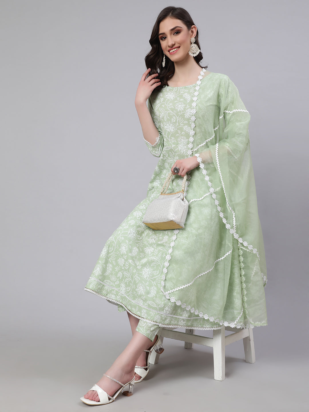 Women Green Floral Printed Anarkali Kurta With Trouser And Dupatta | LASVINI - Redefining Indian Fashion with Elegance