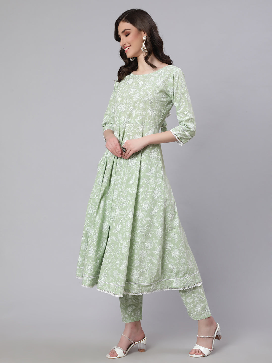 Women Green Floral Printed Anarkali Kurta With Trouser And Dupatta | LASVINI - Redefining Indian Fashion with Elegance