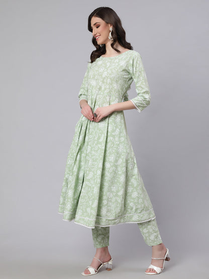Women Green Floral Printed Anarkali Kurta With Trouser And Dupatta | LASVINI - Redefining Indian Fashion with Elegance