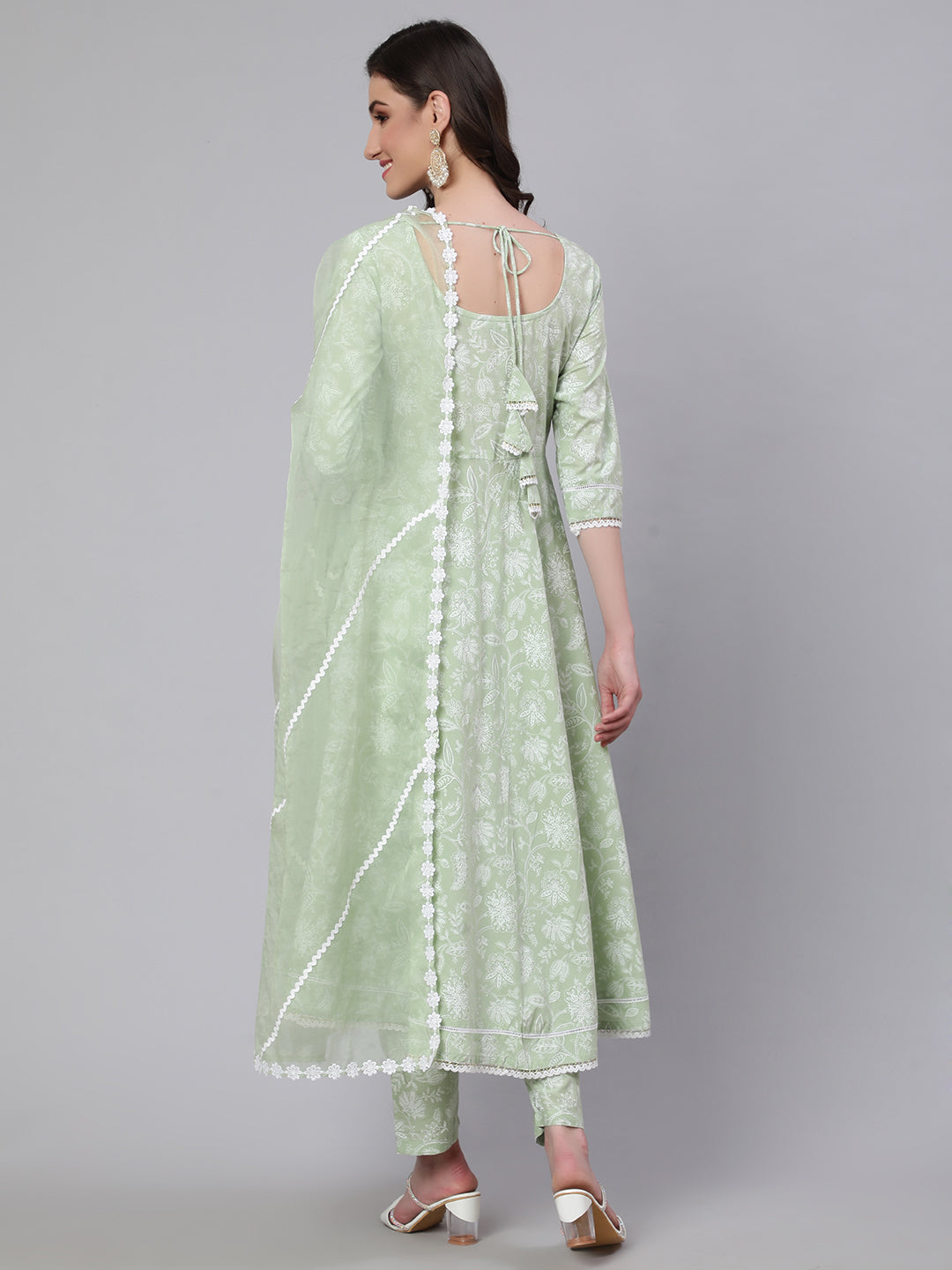 Women Green Floral Printed Anarkali Kurta With Trouser And Dupatta | LASVINI - Redefining Indian Fashion with Elegance