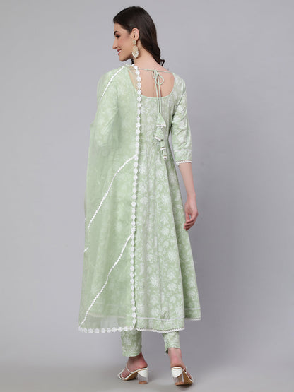 Women Green Floral Printed Anarkali Kurta With Trouser And Dupatta | LASVINI - Redefining Indian Fashion with Elegance