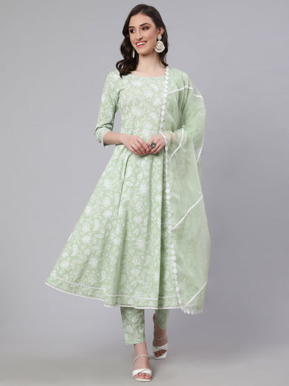 Women Green Floral Printed Anarkali Kurta With Trouser And Dupatta | LASVINI - Redefining Indian Fashion with Elegance