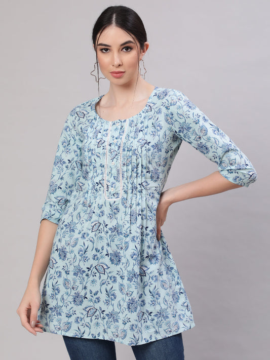 Women Blue Straight Tunic With Three Quarter Sleeves | LASVINI - Redefining Indian Fashion with Elegance
