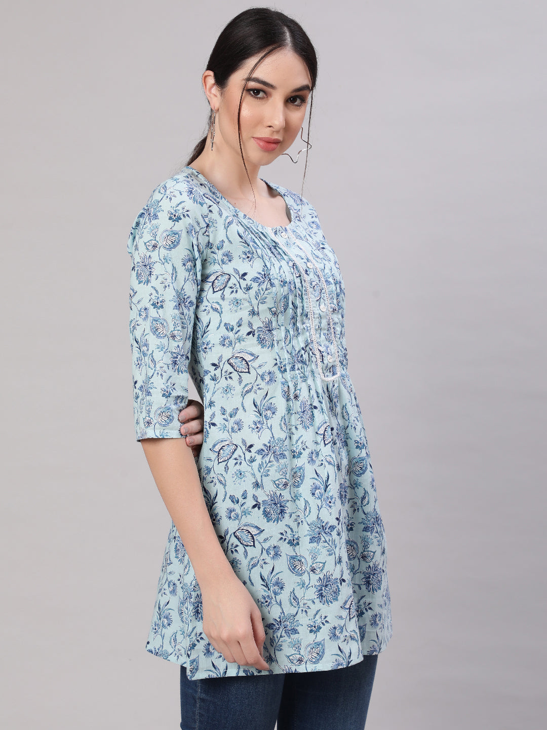Women Blue Straight Tunic With Three Quarter Sleeves | LASVINI - Redefining Indian Fashion with Elegance