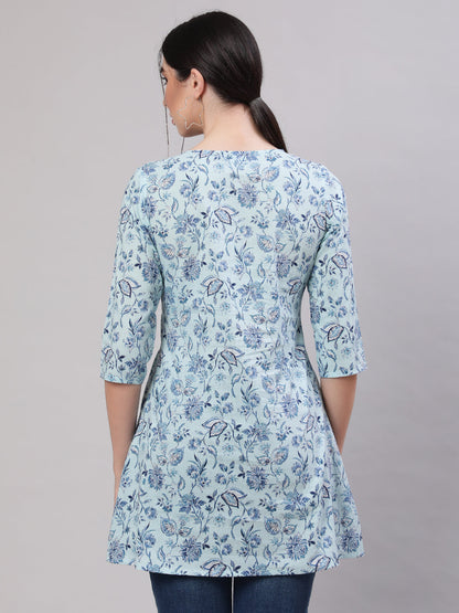 Women Blue Straight Tunic With Three Quarter Sleeves | LASVINI - Redefining Indian Fashion with Elegance