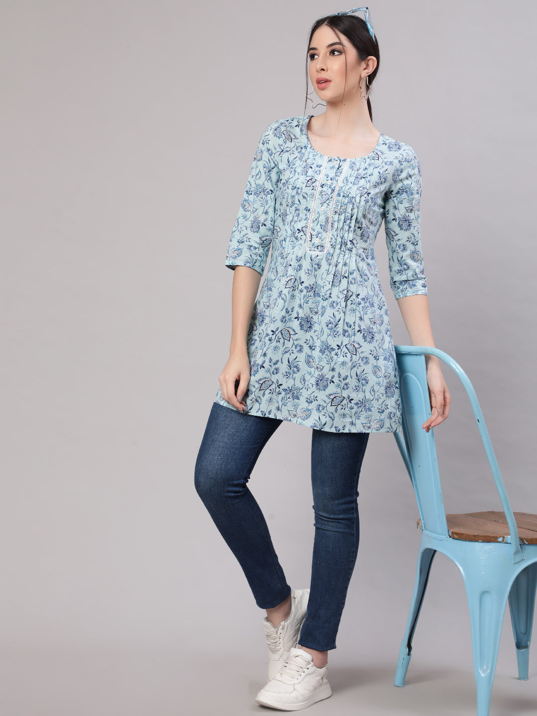 Women Blue Straight Tunic With Three Quarter Sleeves | LASVINI - Redefining Indian Fashion with Elegance