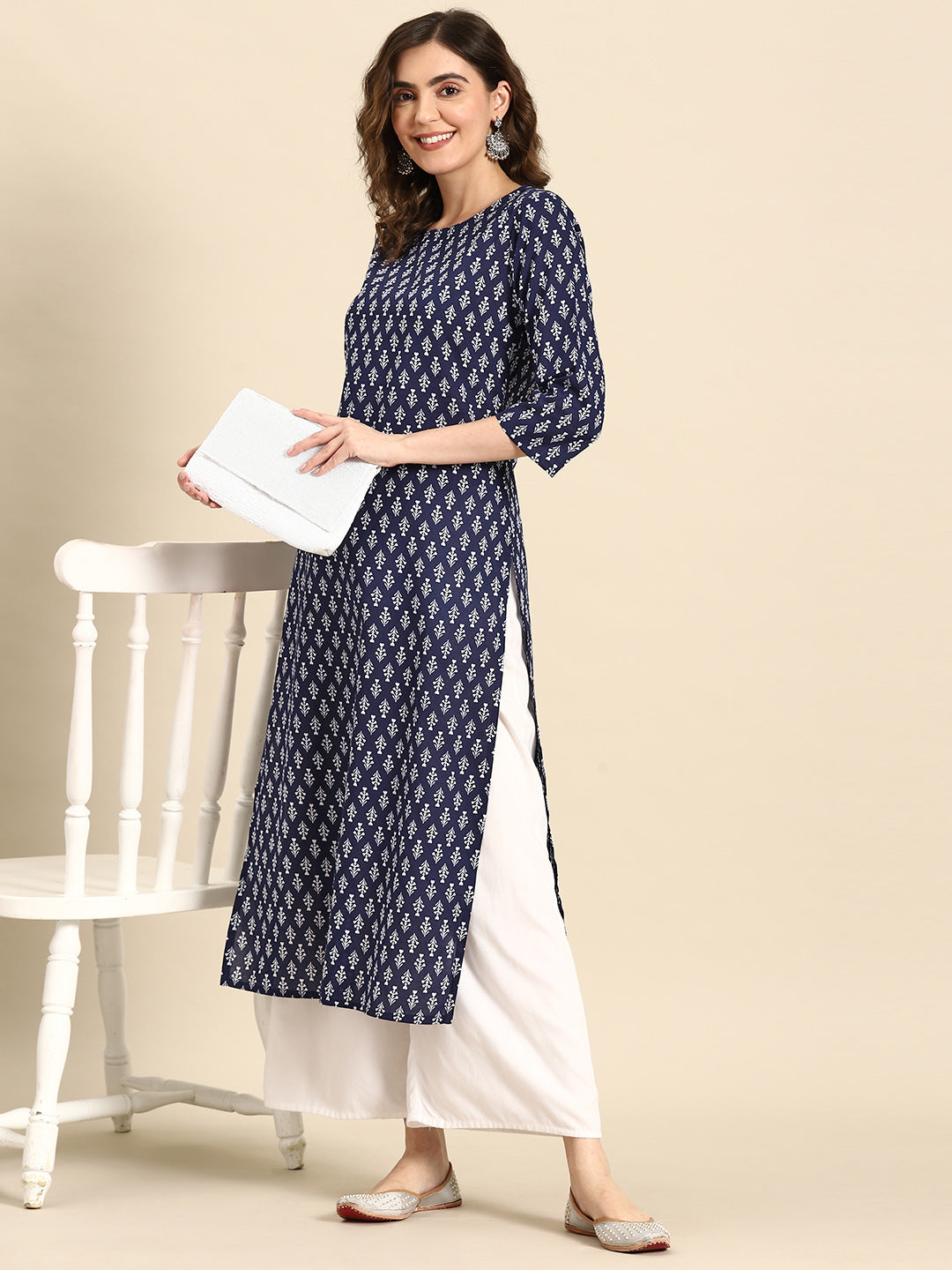 Women Blue Ethnic Printed Straight Kurta With Three Quarter Sleeves | LASVINI - Redefining Indian Fashion with Elegance