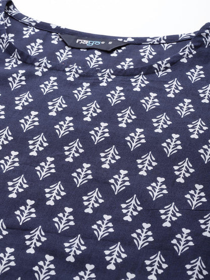 Women Blue Ethnic Printed Straight Kurta With Three Quarter Sleeves | LASVINI - Redefining Indian Fashion with Elegance