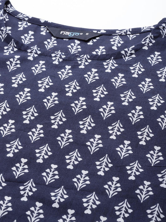 Women Blue Ethnic Printed Straight Kurta With Three Quarter Sleeves | LASVINI - Redefining Indian Fashion with Elegance