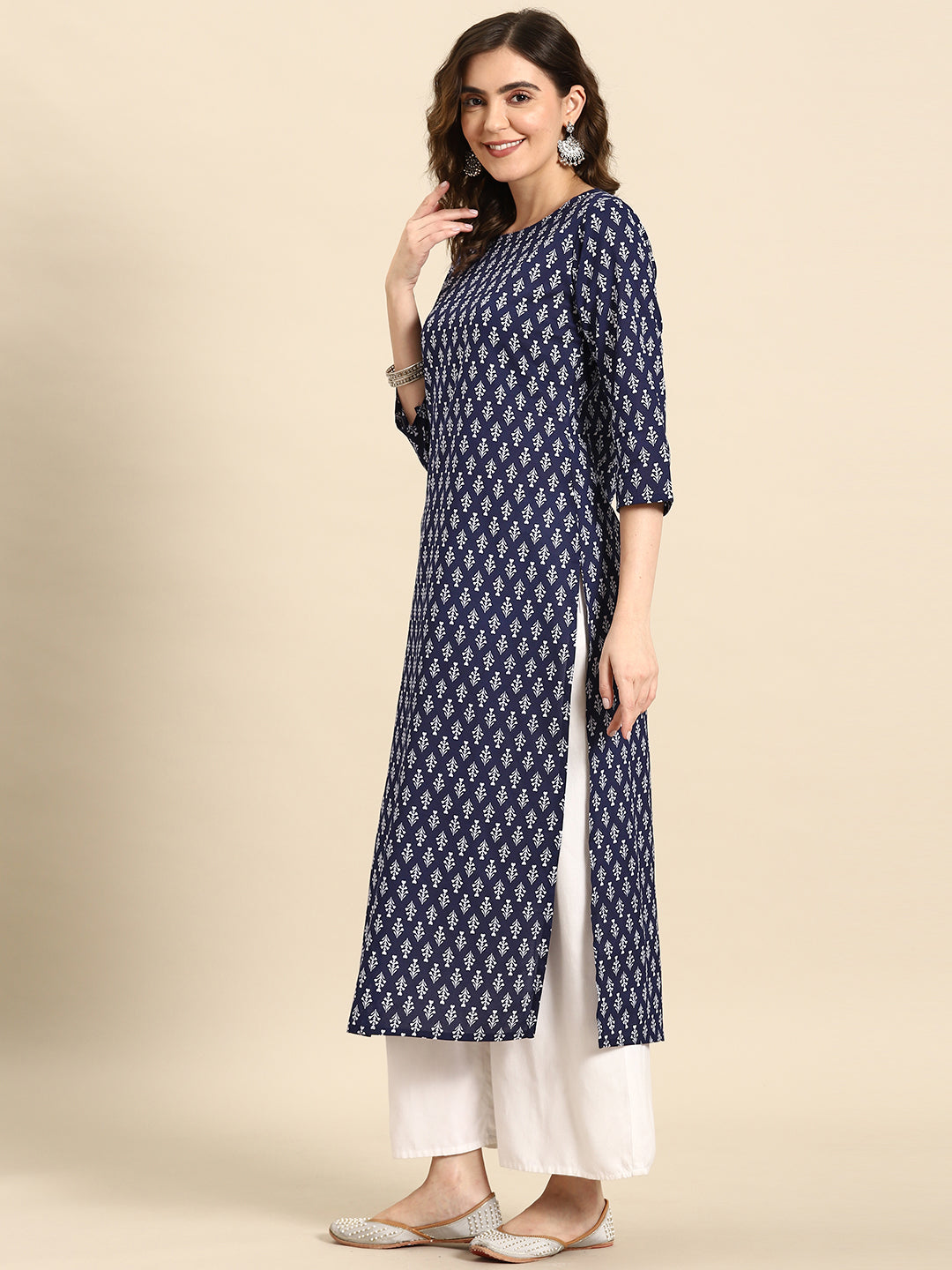 Women Blue Ethnic Printed Straight Kurta With Three Quarter Sleeves | LASVINI - Redefining Indian Fashion with Elegance