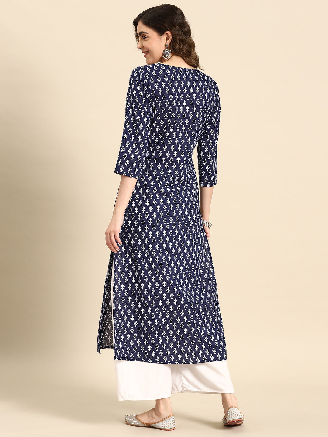 Women Blue Ethnic Printed Straight Kurta With Three Quarter Sleeves | LASVINI - Redefining Indian Fashion with Elegance