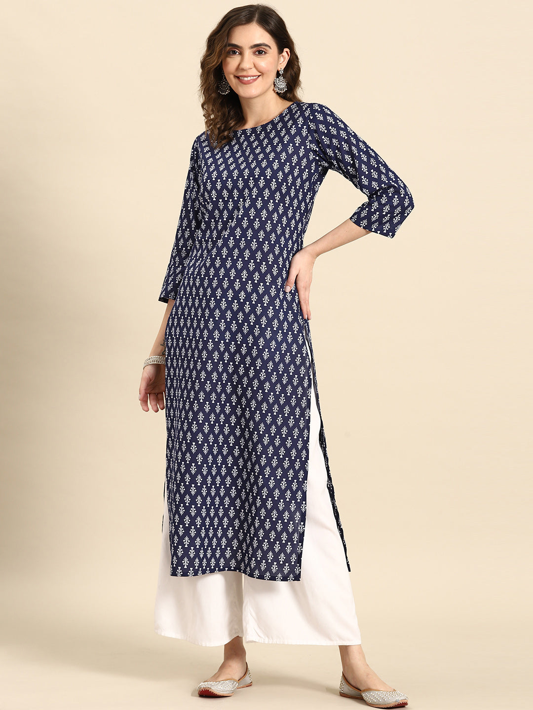 Women Blue Ethnic Printed Straight Kurta With Three Quarter Sleeves | LASVINI - Redefining Indian Fashion with Elegance
