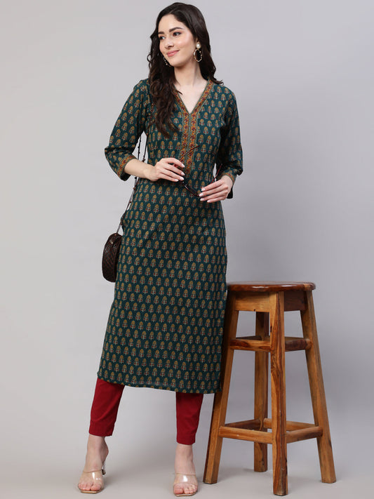 Women Green Ethnic Printed Straight Kurta With Three Quarter Sleeves | LASVINI - Redefining Indian Fashion with Elegance