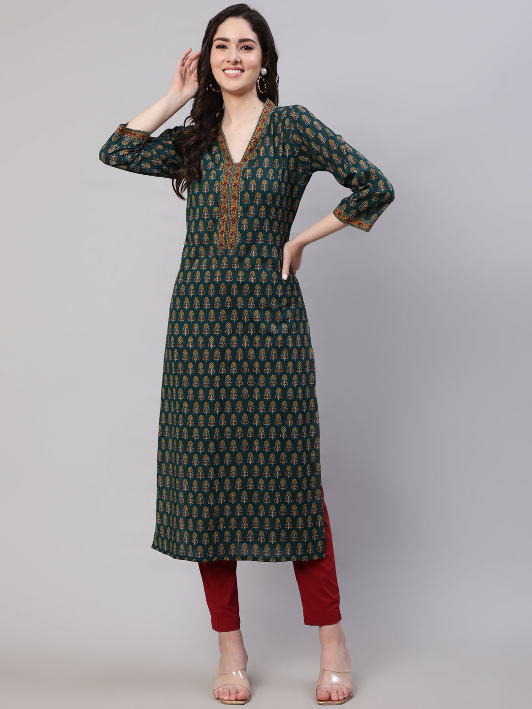 Women Green Ethnic Printed Straight Kurta With Three Quarter Sleeves | LASVINI - Redefining Indian Fashion with Elegance