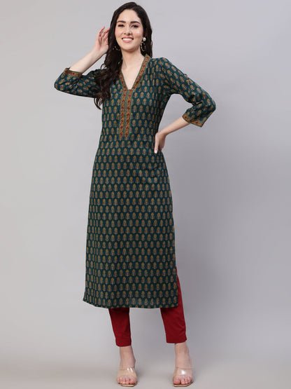 Women Green Ethnic Printed Straight Kurta With Three Quarter Sleeves | LASVINI - Redefining Indian Fashion with Elegance