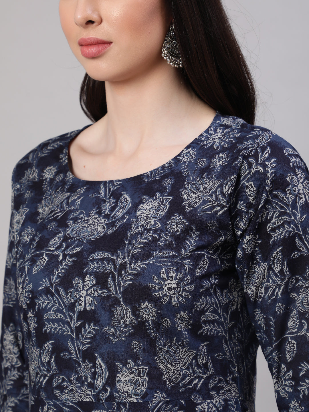 Women Blue Floral Printed Anarkali Kurta With Trouser And Dupatta | LASVINI - Redefining Indian Fashion with Elegance