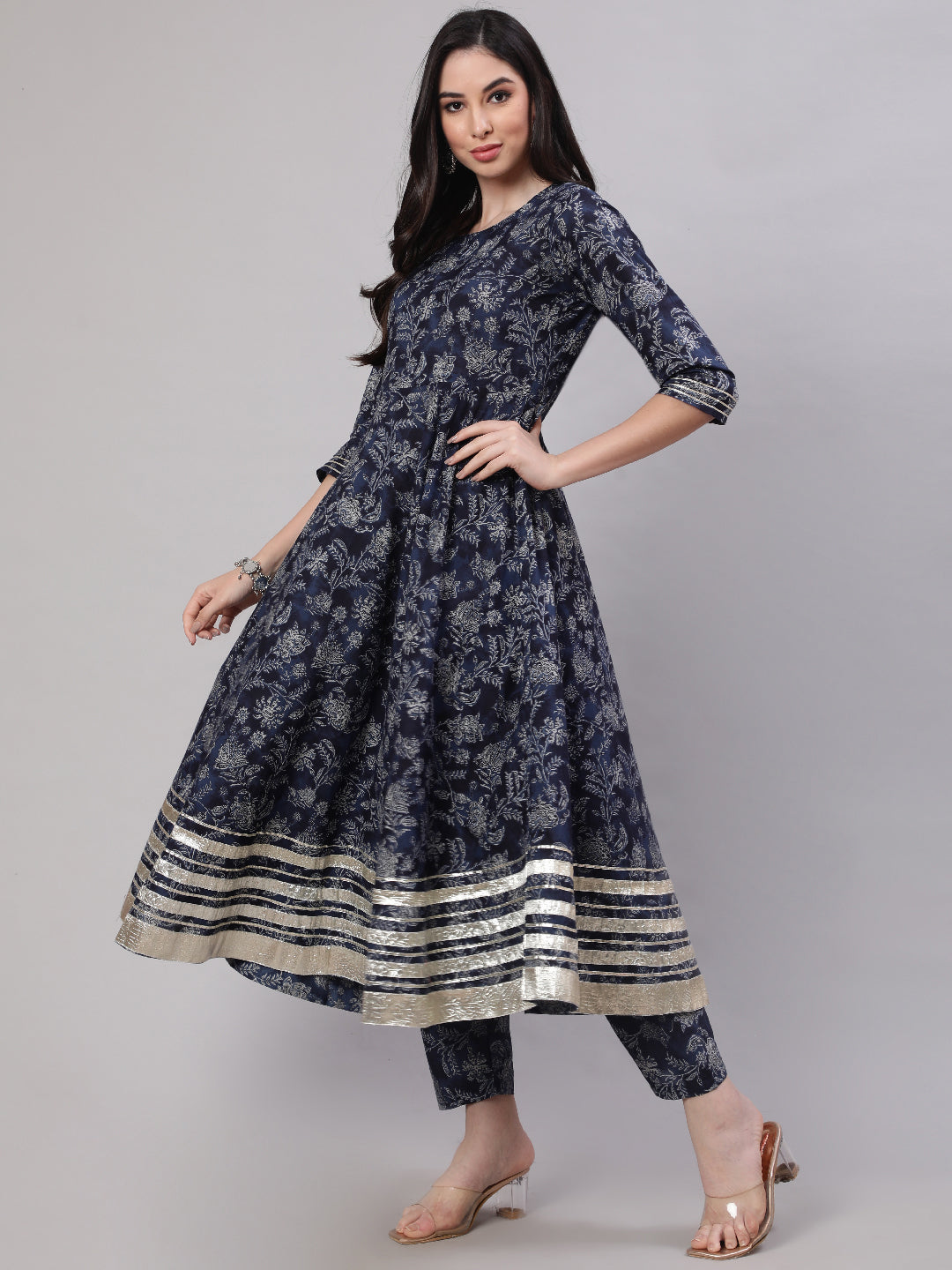 Women Blue Floral Printed Anarkali Kurta With Trouser And Dupatta | LASVINI - Redefining Indian Fashion with Elegance