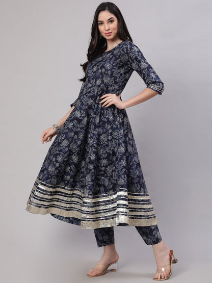 Women Blue Floral Printed Anarkali Kurta With Trouser And Dupatta | LASVINI - Redefining Indian Fashion with Elegance
