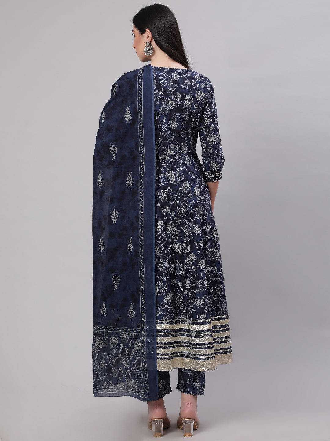Women Blue Floral Printed Anarkali Kurta With Trouser And Dupatta | LASVINI - Redefining Indian Fashion with Elegance