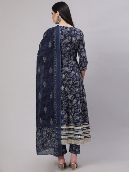 Women Blue Floral Printed Anarkali Kurta With Trouser And Dupatta | LASVINI - Redefining Indian Fashion with Elegance