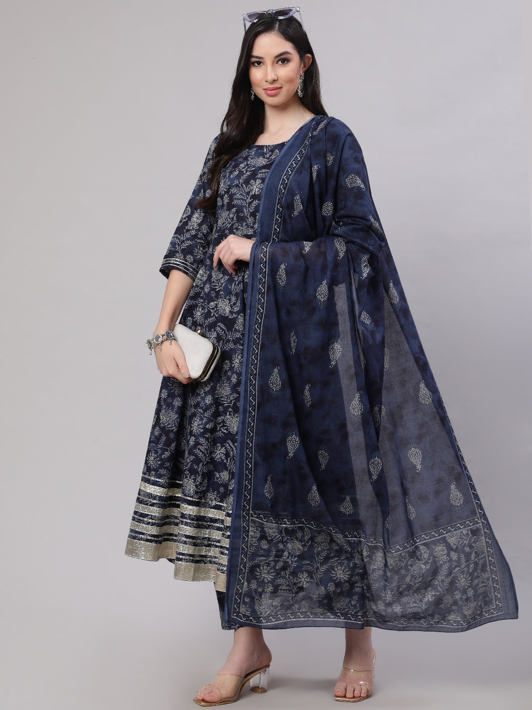 Women Blue Floral Printed Anarkali Kurta With Trouser And Dupatta | LASVINI - Redefining Indian Fashion with Elegance