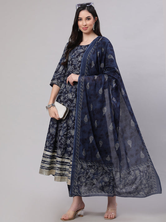 Women Blue Floral Printed Anarkali Kurta With Trouser And Dupatta | LASVINI - Redefining Indian Fashion with Elegance