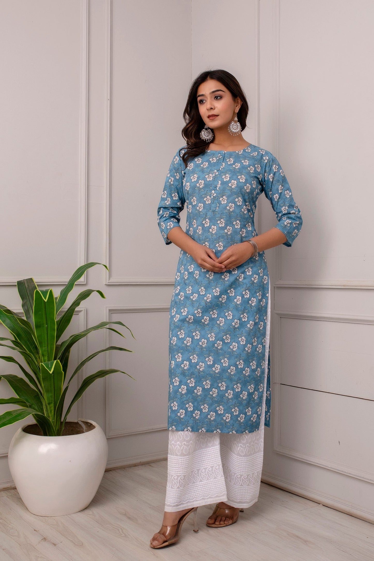 Women Blue Ethnic Printed Straight Kurta With Three Quarter Sleeves | LASVINI - Redefining Indian Fashion with Elegance