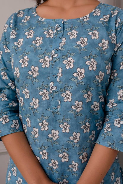 Women Blue Ethnic Printed Straight Kurta With Three Quarter Sleeves | LASVINI - Redefining Indian Fashion with Elegance