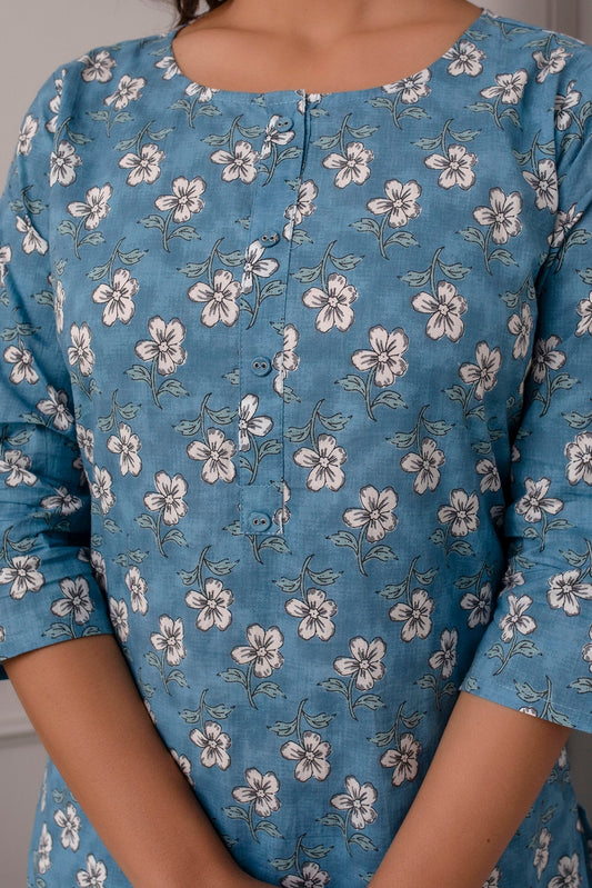 Women Blue Ethnic Printed Straight Kurta With Three Quarter Sleeves | LASVINI - Redefining Indian Fashion with Elegance