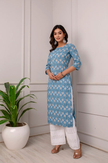 Women Blue Ethnic Printed Straight Kurta With Three Quarter Sleeves | LASVINI - Redefining Indian Fashion with Elegance