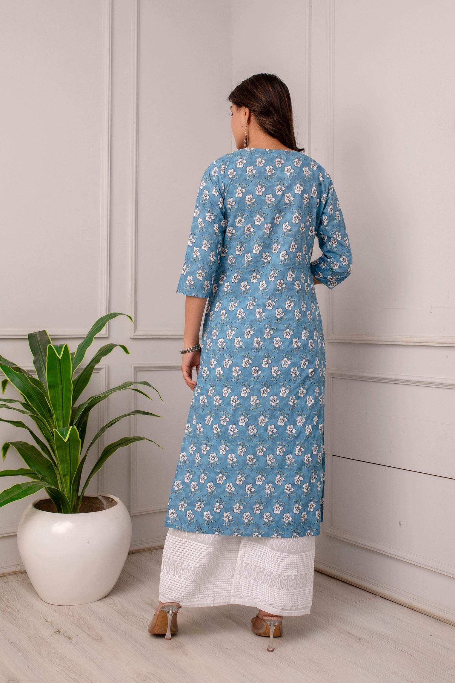 Women Blue Ethnic Printed Straight Kurta With Three Quarter Sleeves | LASVINI - Redefining Indian Fashion with Elegance