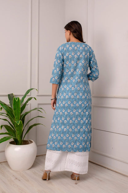 Women Blue Ethnic Printed Straight Kurta With Three Quarter Sleeves | LASVINI - Redefining Indian Fashion with Elegance