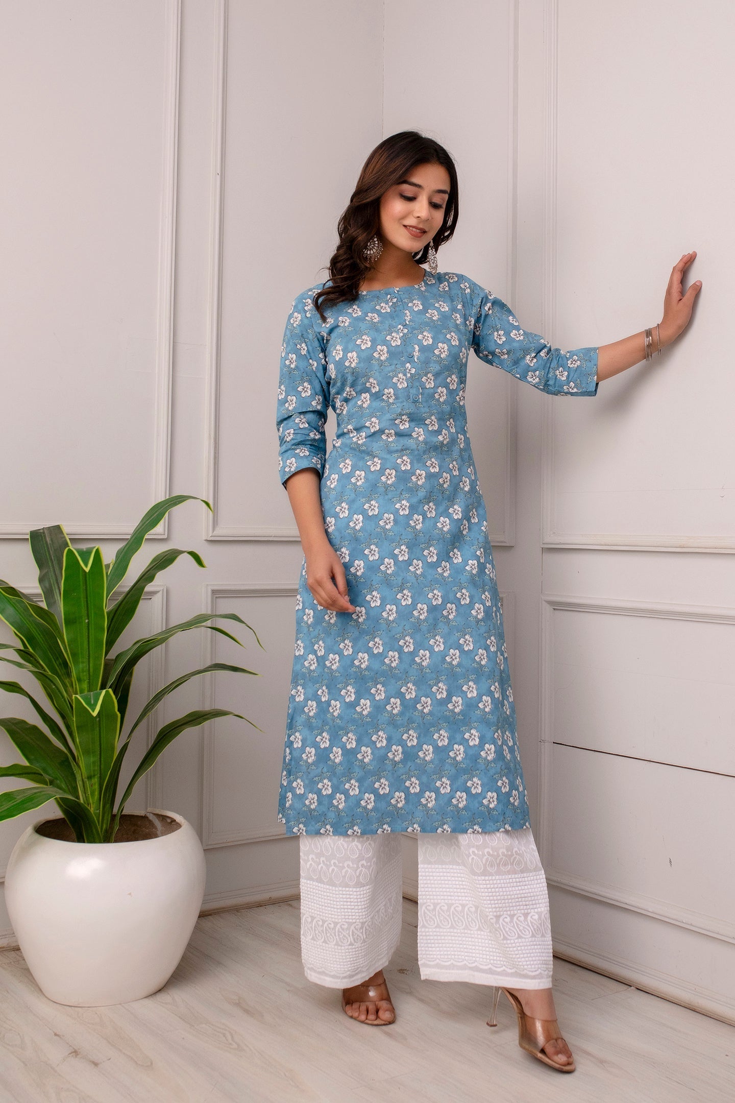 Women Blue Ethnic Printed Straight Kurta With Three Quarter Sleeves | LASVINI - Redefining Indian Fashion with Elegance