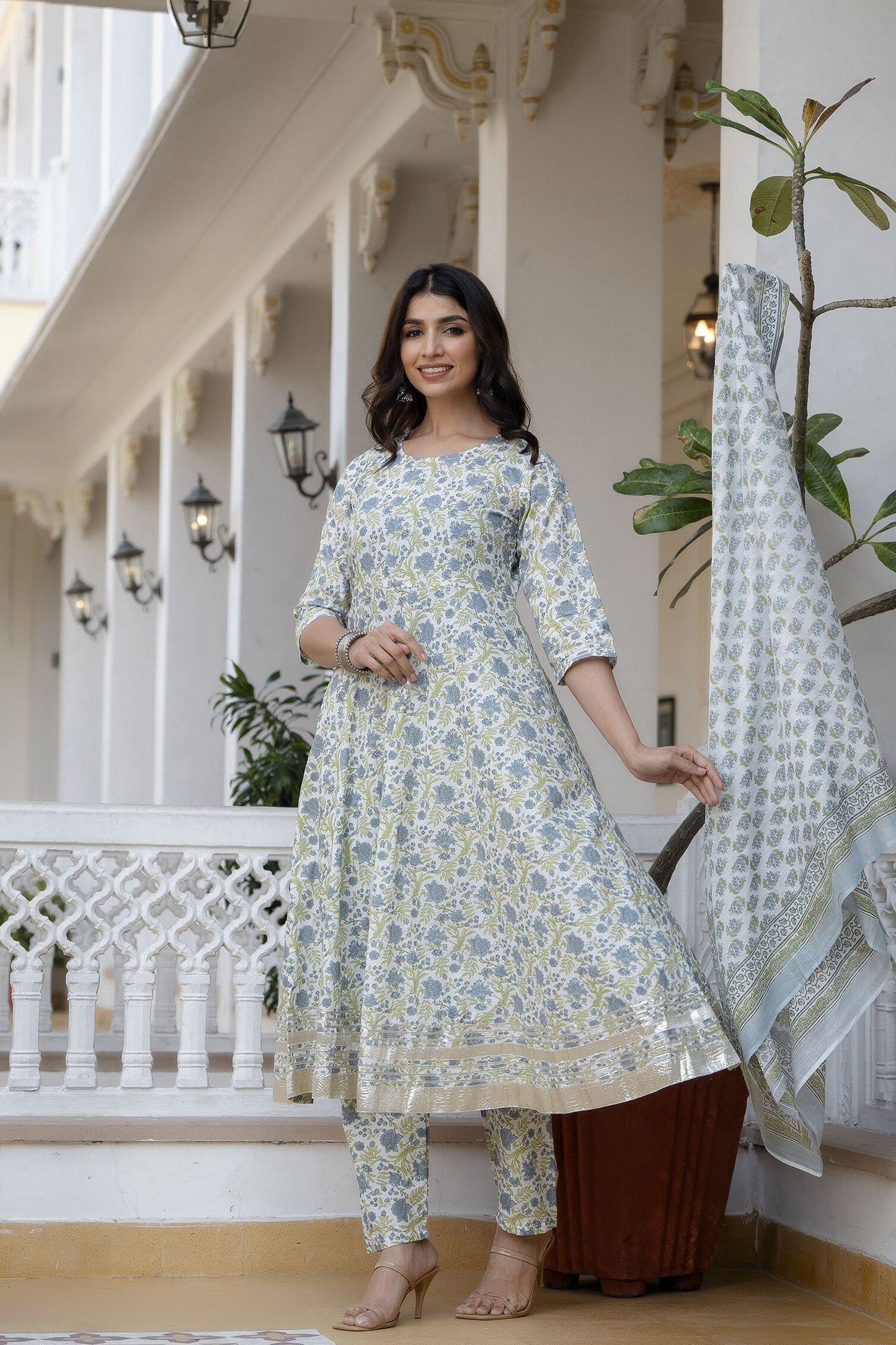 Women Off-White Floral Printed Flared Kurta With Trouser And Dupatta | LASVINI - Redefining Indian Fashion with Elegance