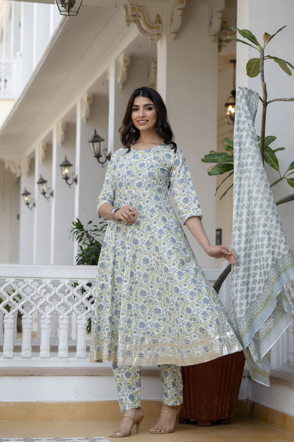 Women Off-White Floral Printed Flared Kurta With Trouser And Dupatta | LASVINI - Redefining Indian Fashion with Elegance