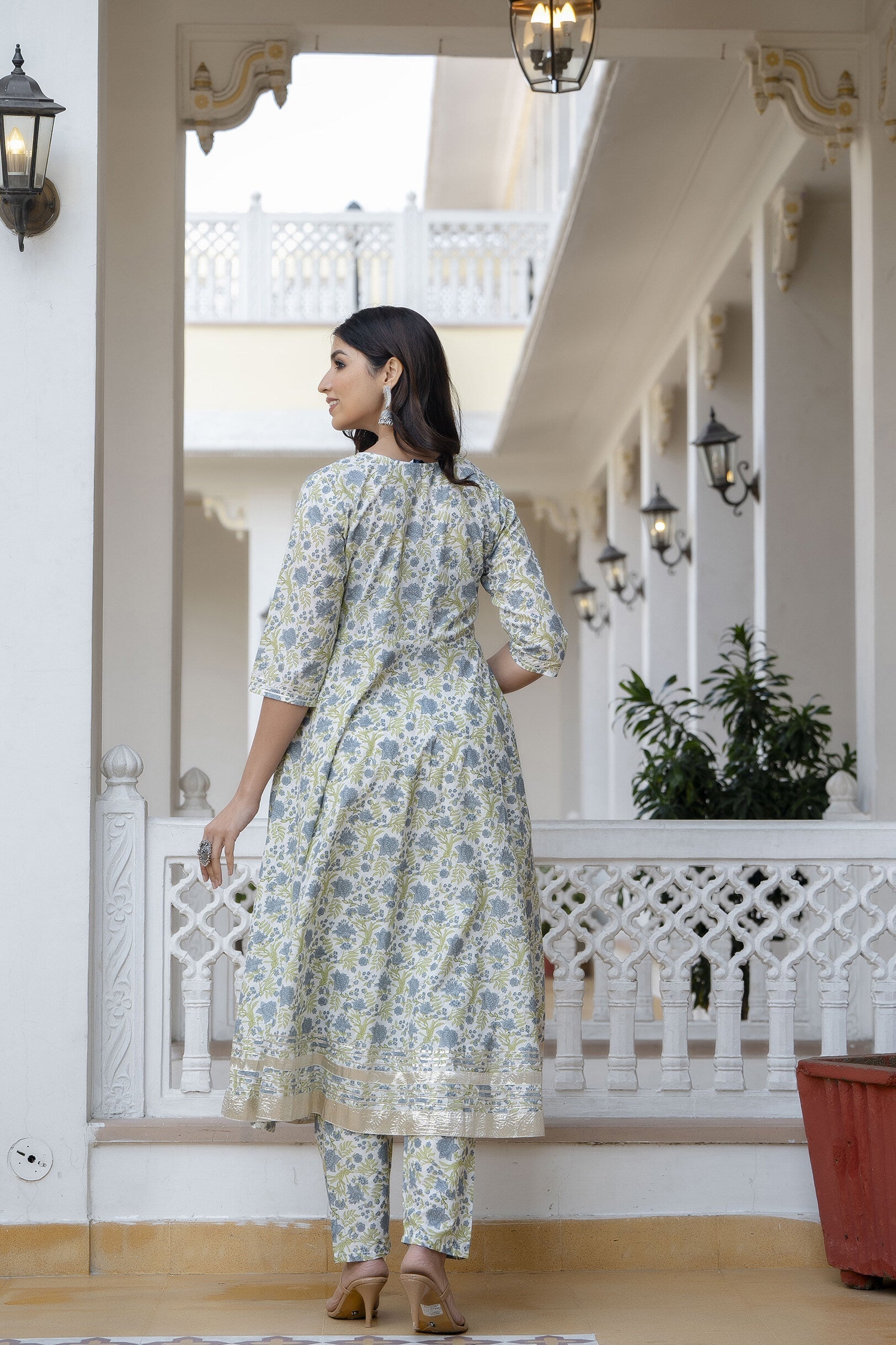 Women Off-White Floral Printed Flared Kurta With Trouser And Dupatta | LASVINI - Redefining Indian Fashion with Elegance