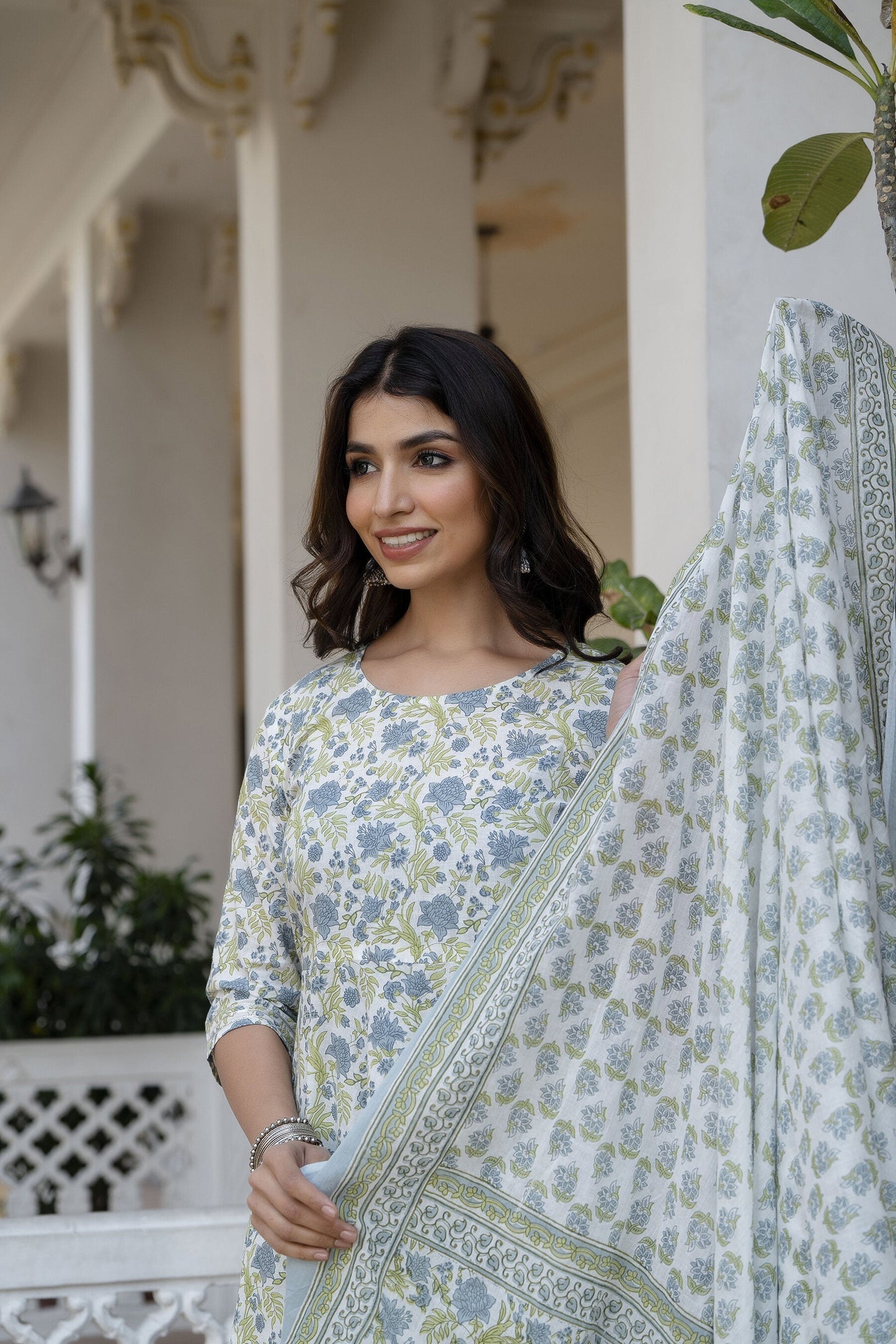 Women Off-White Floral Printed Flared Kurta With Trouser And Dupatta | LASVINI - Redefining Indian Fashion with Elegance