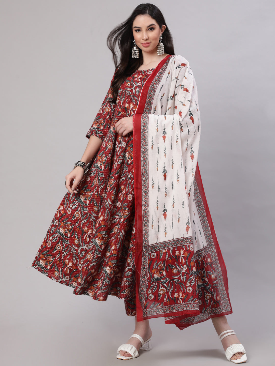 Women Maroon Floral Printed Flared Kurta With Trouser And Dupatta | LASVINI - Redefining Indian Fashion with Elegance