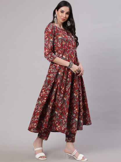 Women Maroon Floral Printed Flared Kurta With Trouser And Dupatta | LASVINI - Redefining Indian Fashion with Elegance