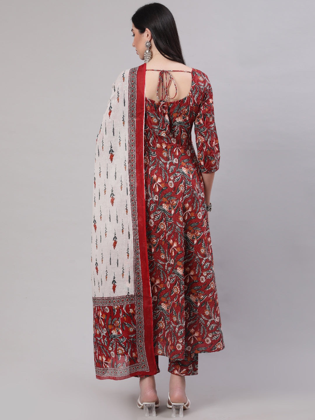 Women Maroon Floral Printed Flared Kurta With Trouser And Dupatta | LASVINI - Redefining Indian Fashion with Elegance