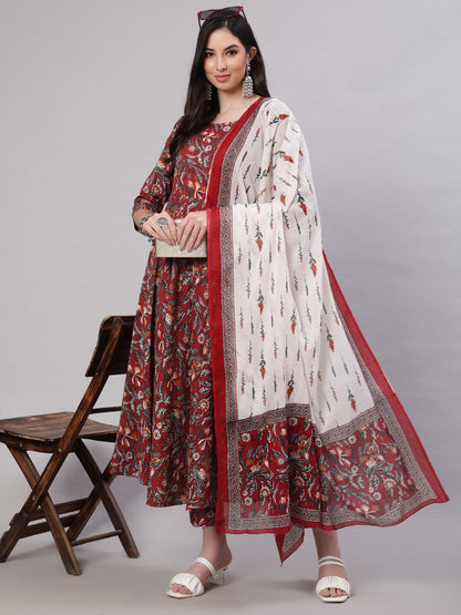 Women Maroon Floral Printed Flared Kurta With Trouser And Dupatta | LASVINI - Redefining Indian Fashion with Elegance