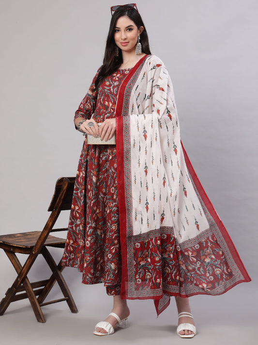Women Maroon Floral Printed Flared Kurta With Trouser And Dupatta | LASVINI - Redefining Indian Fashion with Elegance